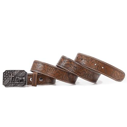 Imagem de Cinto Masculino Couro Fivela Cruz Trabalhada Estilo Country de Estrela