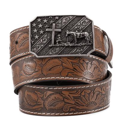 Imagem de Cinto Masculino Couro Fivela Cruz Trabalhada Estilo Country de Estrela