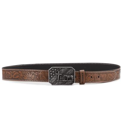 Imagem de Cinto Masculino Couro Fivela Cruz Trabalhada Estilo Country de Estrela