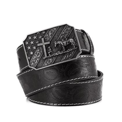 Imagem de Cinto Masculino Couro Fivela Cruz Trabalhada Estilo Country de Estrela