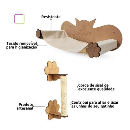 Imagem de Circuito Para Gatos De Parede Kit Playground Com 2 Peças Cama Rede Caminha Descanso Arranhador Diversão Pet Anti Stress Mdf