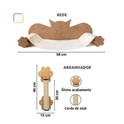 Imagem de Circuito Para Gatos De Parede Kit Playground Com 2 Peças Cama Rede Caminha Descanso Arranhador Diversão Pet Anti Stress Mdf