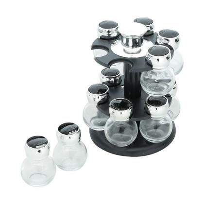 Imagem de CJ 12 POTES VIDRO BOROSSILICATO C/TAMPA PLASTICO E BASE GIRATORIA POLI PRETA 17x23cm