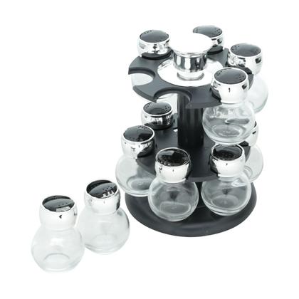 Imagem de CJ 12 POTES VIDRO BOROSSILICATO C/TAMPA PLASTICO E BASE GIRATORIA POLI PRETA 17x23cm