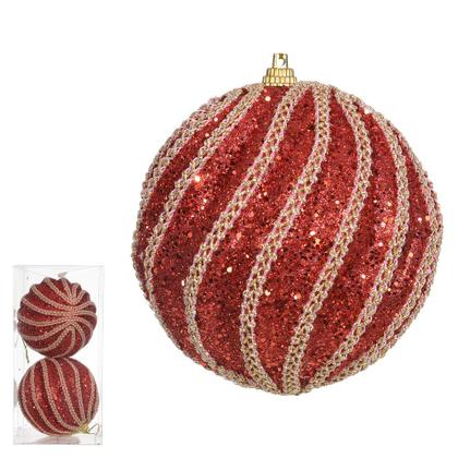 Imagem de Cj 2 Bolas Decoradas de Natal C/ Glitter no PVC Vermelho 10cm