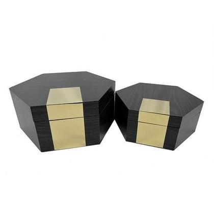 Imagem de Cj 2 caixas de madeira e metal preto e dourado decorativas