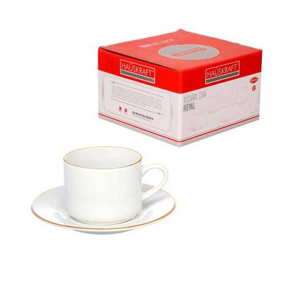 Imagem de Cj.4 Xícaras Chá c/Pires de Porcelana Royal Branco Borda Dourada 200ml