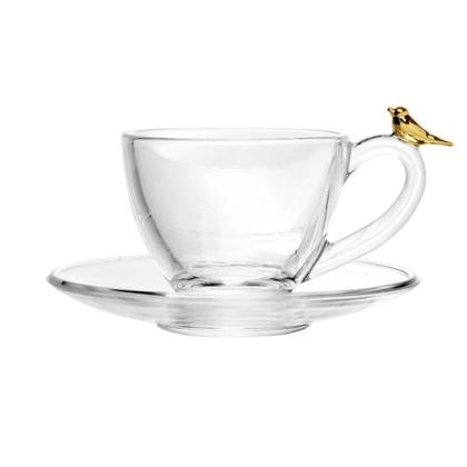 Imagem de Cj 4 Xícaras P/Café C/Pires de Vidro Golden Bird Transparente 80ml Wolff