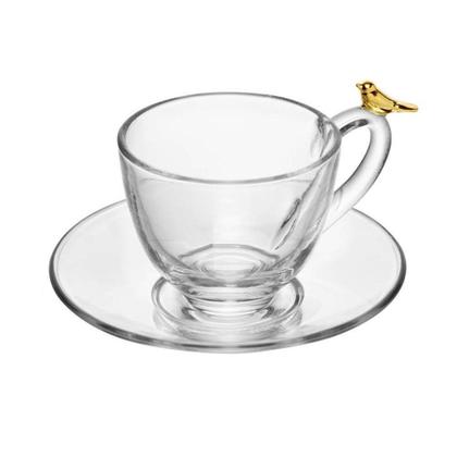 Imagem de Cj 4 Xícaras P/Café C/Pires de Vidro Golden Bird Transparente 80ml Wolff