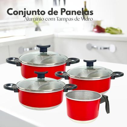 Imagem de Cj de Panelas de Alumínio 3 Caçarolas e 1 Leiteira Cabo Baquelite e Tampa de Vidro Temperado