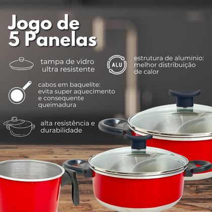 Imagem de Cj de Panelas de Alumínio 3 Caçarolas e 1 Leiteira Cabo Baquelite e Tampa de Vidro Temperado