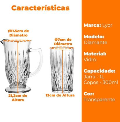 Imagem de Cj  Jarra Com 6 Copos de Vidro Diamante 1L 300ml