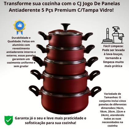 Imagem de CJ Jogo De Panelas Antiaderente 5 Pçs Premium C/Tampa Vidro Cor:Cereja