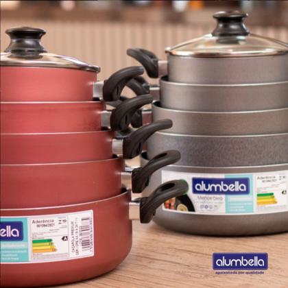 Imagem de CJ Jogo De Panelas Antiaderente 5 Pçs Premium C/Tampa Vidro e Alça em Baquelite 16cm, 18cm, 20cm, 22cm e 24 cm Cor Cereja