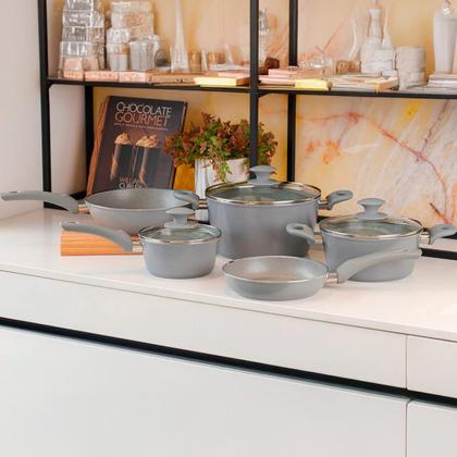 Imagem de Cj panela 5 pcs ceramic life optima marble inducao cinza brinox