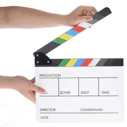 Imagem de Claquete Profissional Greika branca e preta com barra coloridas