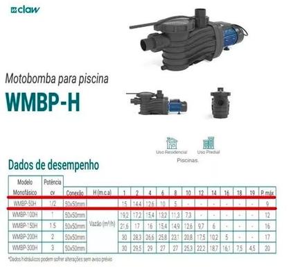 Imagem de Claw Wmbp 50h Bomba De Piscina 1/2cv 220v Com Pré Filtro