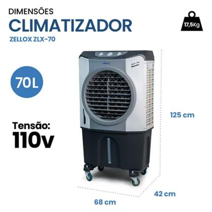 Imagem de Climatizador e umidificador de ar portátil 4 funções zellox 70 litros cinza 127v