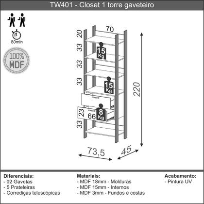 Imagem de Closet 2 Gavetas 4 Prateleiras 100% Mdf Tw401 Freijó/Preto Fosco - Dalla Costa