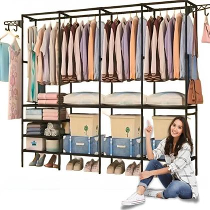 Imagem de Closet Aberto 4 Colunas Guarda Roupas Casal Aço Metal Simples Estudante Organizador com Sapateira Cabideiro Milemon