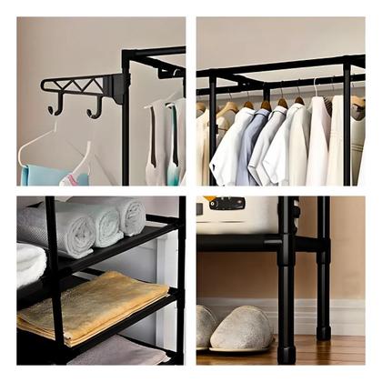 Imagem de Closet Aberto 4 Colunas Guarda Roupas Casal Aço Metal Simples Estudante Organizador com Sapateira Cabideiro Milemon