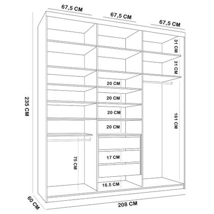 Closet Casal 1 Porta de Correr Com Espelho 3 Gavetas 208cm MDF