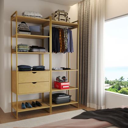 Imagem de Closet Industrial Casal Loft 2 Módulos Canela Cabideiro com Gavetas Base Dourada