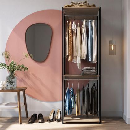 Imagem de Closet Modulado 60x45x183cm com 3 Prateleiras e 2 Cabideiros ProDecor em MDP Montana e Preto