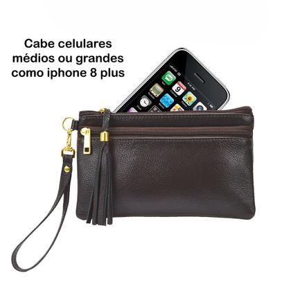 Imagem de Clutch Carteira de Mão e Porta Celular Bolsinha de Mão Marrom Café em Couro Madamix