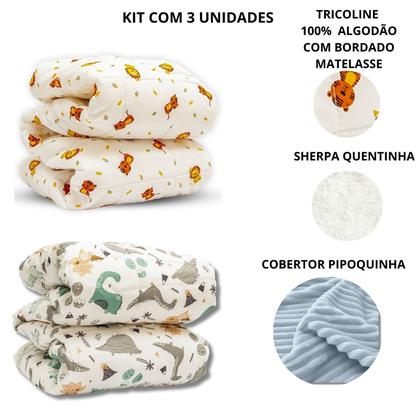 Imagem de Cobertor 3pçs Bebê Wave Berço Azul e Edredom Dino e Leão