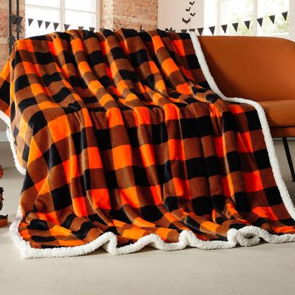 Imagem de Cobertor BEAUTEX Halloween Sherpa Plaid Fuzzy Fluffy Orange