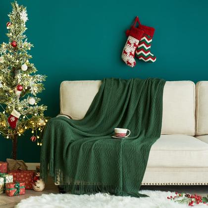 Imagem de Cobertor MIULEE 127x152 cm com borlas de malha verde escuro