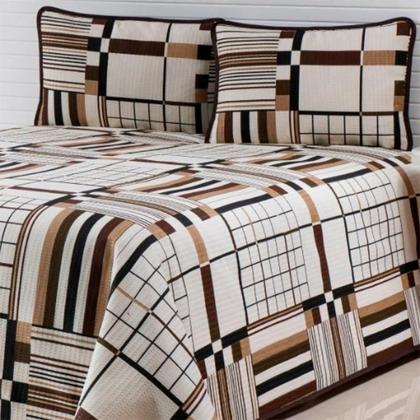 Imagem de Cobre Leito Colcha Casal Queen 03 Peças Tecido Piquet Estampado Xadrez