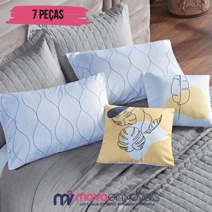 Imagem de Cobre Leito Colcha King 300 Fios 7 Peças Dupla Face com Almofadas Estampadas Porta Travesseiro