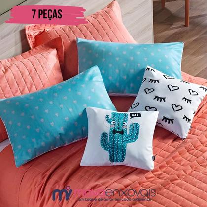 Imagem de Cobre Leito Colcha Queen 300 Fios 7 Peças Dupla Face com Almofadas Estampadas Porta Travesseiro