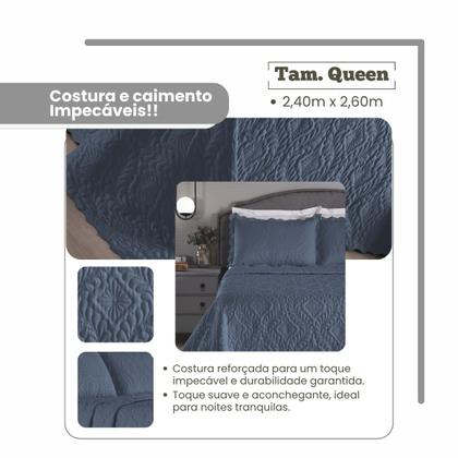 Imagem de Cobre Leito Cor Azul Tamanho Queen Size Liso 3 Peças Colcha