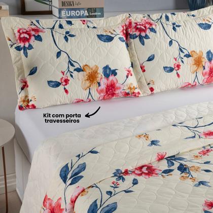 Imagem de Cobre Leito Queen com Porta Travesseiro 300 Fios Toque Macio Kit Colcha 3 Peças Felicità