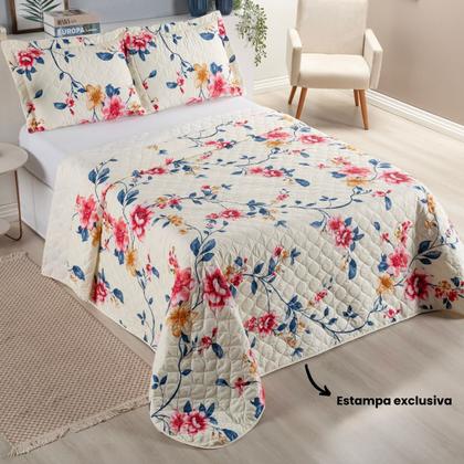 Imagem de Cobre Leito Queen com Porta Travesseiro 300 Fios Toque Macio Kit Colcha 3 Peças Felicità