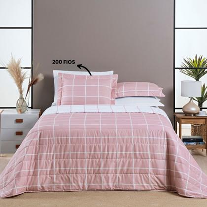 Imagem de Cobre Leito Queen Dupla Face Grid Micro Percal 200 Fios Austin 3 Pçs Rosa