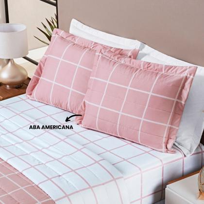 Imagem de Cobre Leito Queen Dupla Face Grid Micro Percal 200 Fios Austin 3 Pçs Rosa