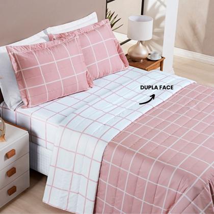 Imagem de Cobre Leito Queen Dupla Face Grid Micro Percal 200 Fios Austin 3 Pçs Rosa