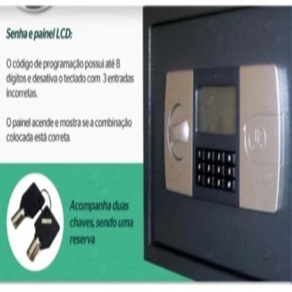 Imagem de Cofre digital eletrônico em aço display lcd com bandeja e chave reserva suporte de parede 