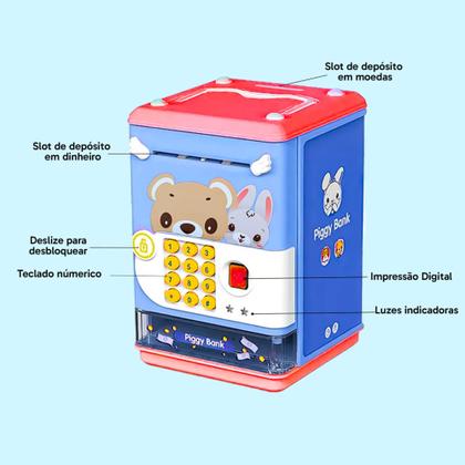 Imagem de Cofrinho Infantil Eletrônico Brinquedo Para Crianças Aceita Moedas Puxa Cédulas Dinheiro Notas