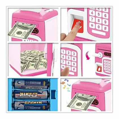 Imagem de Cofrinho infantil eletronico digital com senha teclado e biometria automatica moedas nota rosa
