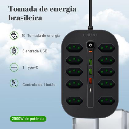 Imagem de COIBEU Extensão Filtro de Linha 10 Tomadas 3 USB 1 TipoC Bivolt Power 2500W 10A 2 metros