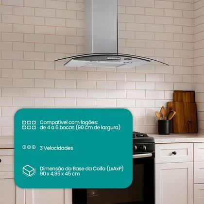 Imagem de Coifa De Parede Depurador Inox 4 à 6 Bocas 90cm Vidro Curvo Slim Fogatti