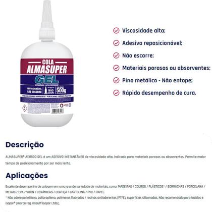 Imagem de Cola Adesivo Instantâneo Gel 500G Almasuper Almata