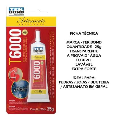 Imagem de Cola Permanente Flexível Transparente T6000 25g Tekbond