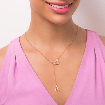 Imagem de Colar banhado ouro 3x 24k 18k e 22k feminino coração com inicial do nome gravata e letra pendurada rommanel 532442