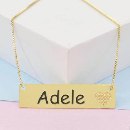 Imagem de Colar Chapinha Coração Gravação Personalizada Nome Adele Banhado Ouro 18K - 999006224